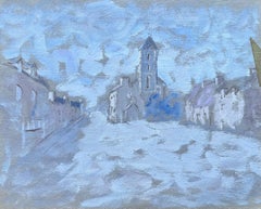 French Gouache Painting of Village Street and Church Tower in Pale Blue
