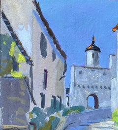 French Gouache Street Scene of Sunlit Stone Steps and Tower