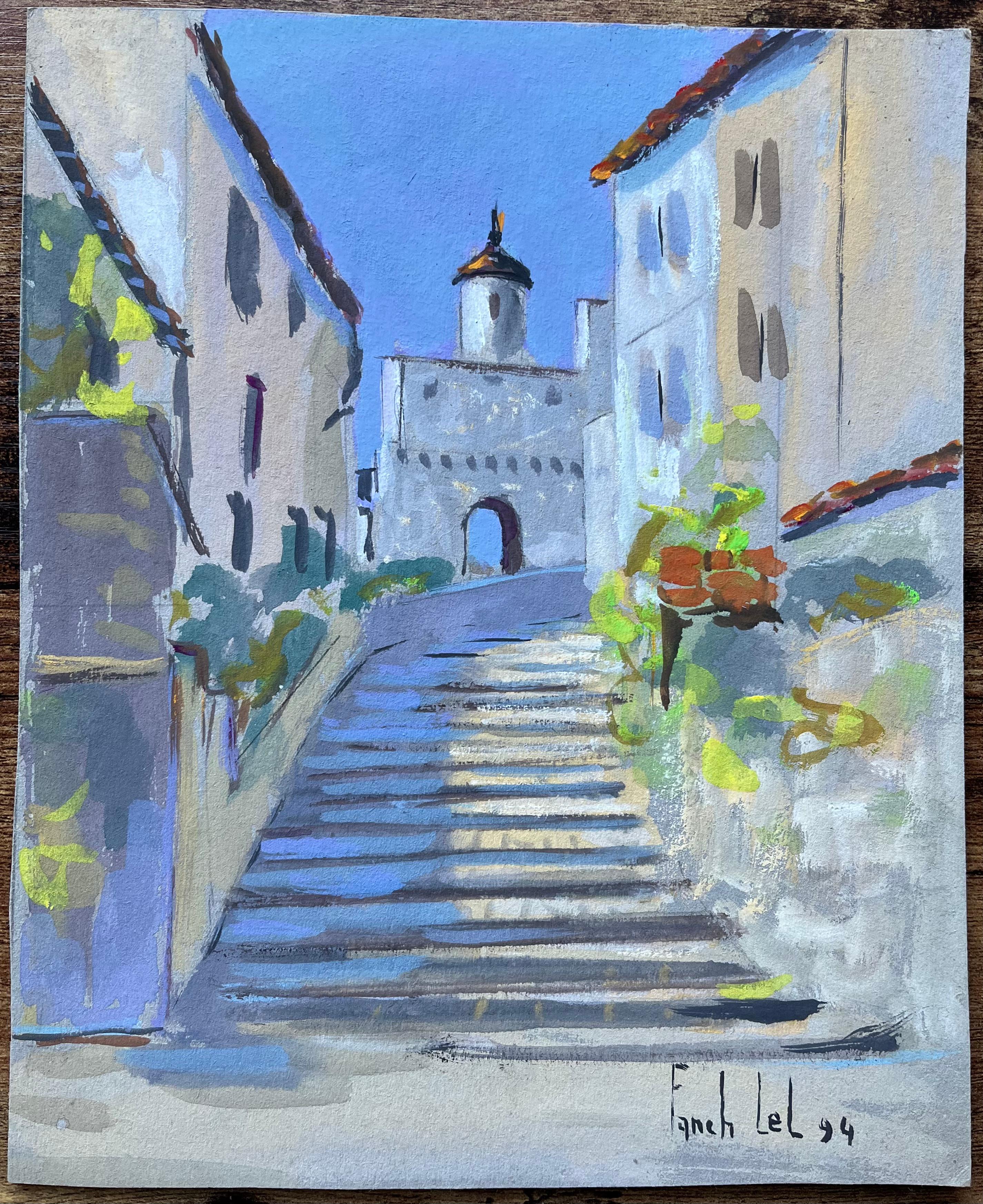 Escena callejera francesa al gouache de escalones de piedra y torre iluminados por el sol - Painting Impresionista de Fanch Lel