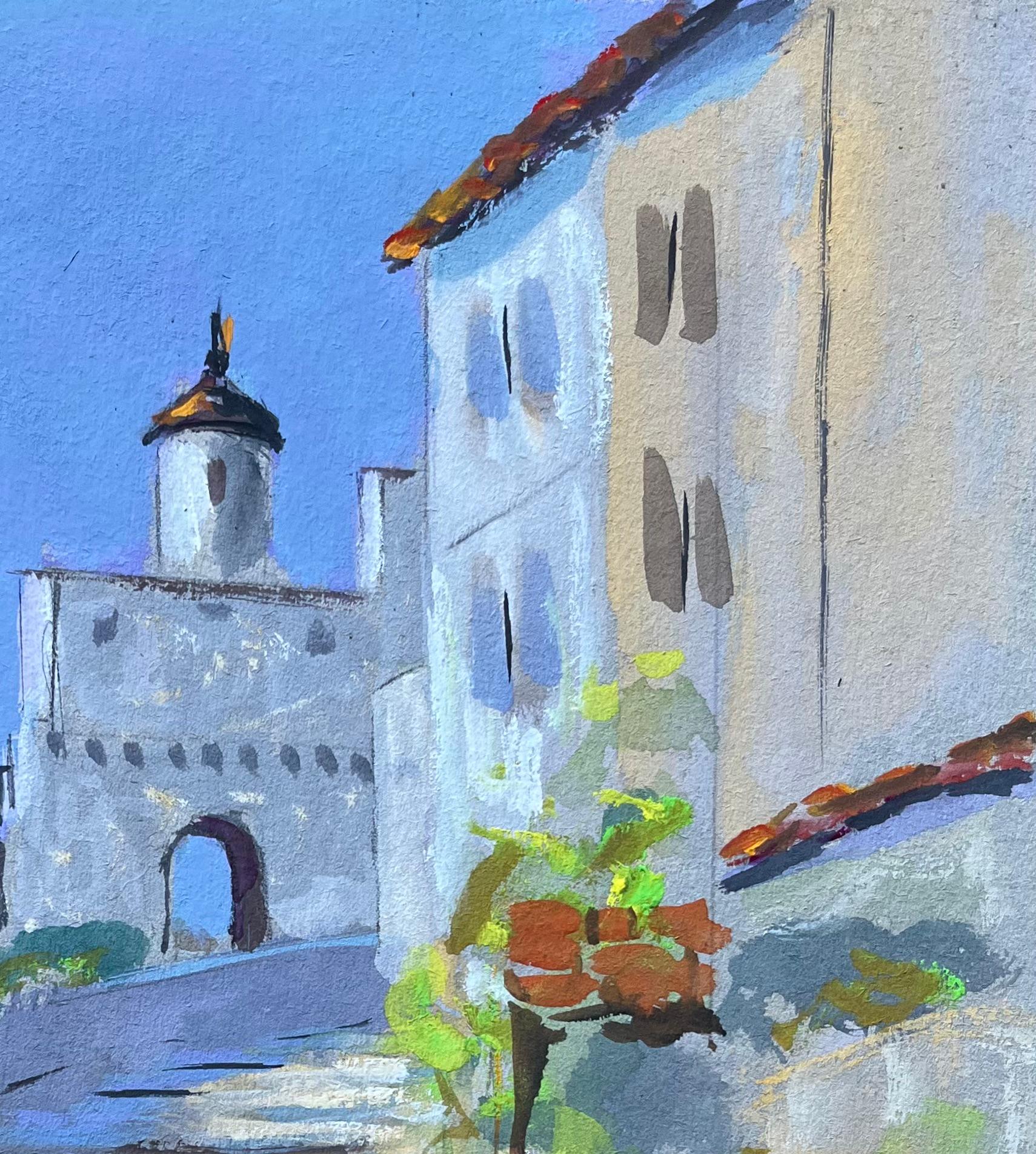 Escena callejera francesa al gouache de escalones de piedra y torre iluminados por el sol - Landscape Painting Azul de Fanch Lel