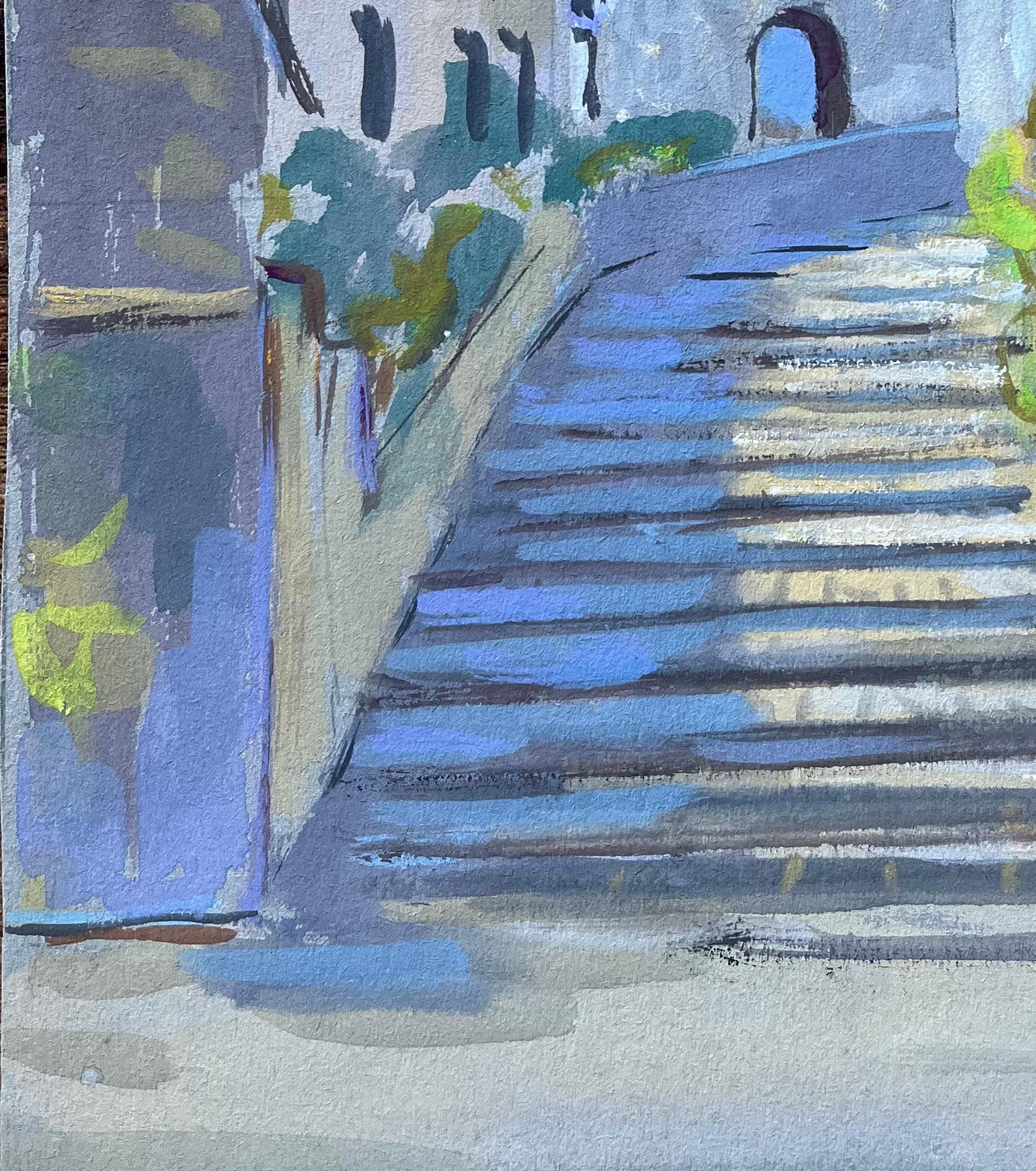 Escena callejera francesa al gouache de escalones de piedra y torre iluminados por el sol en venta 1