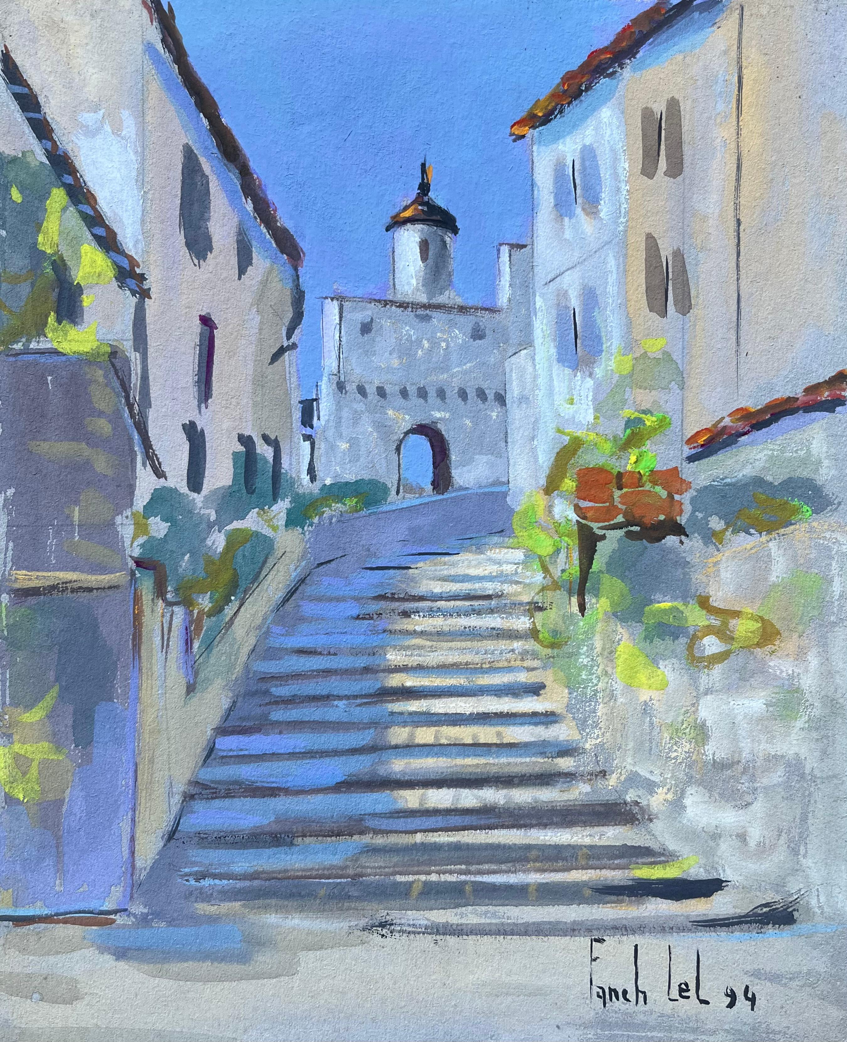 Landscape Painting de Fanch Lel - Escena callejera francesa al gouache de escalones de piedra y torre iluminados por el sol