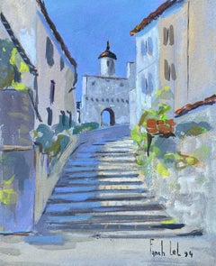 Französische Gouache- Street-Szene aus sonnenbeschienenem Stein mit Stufen und Turm