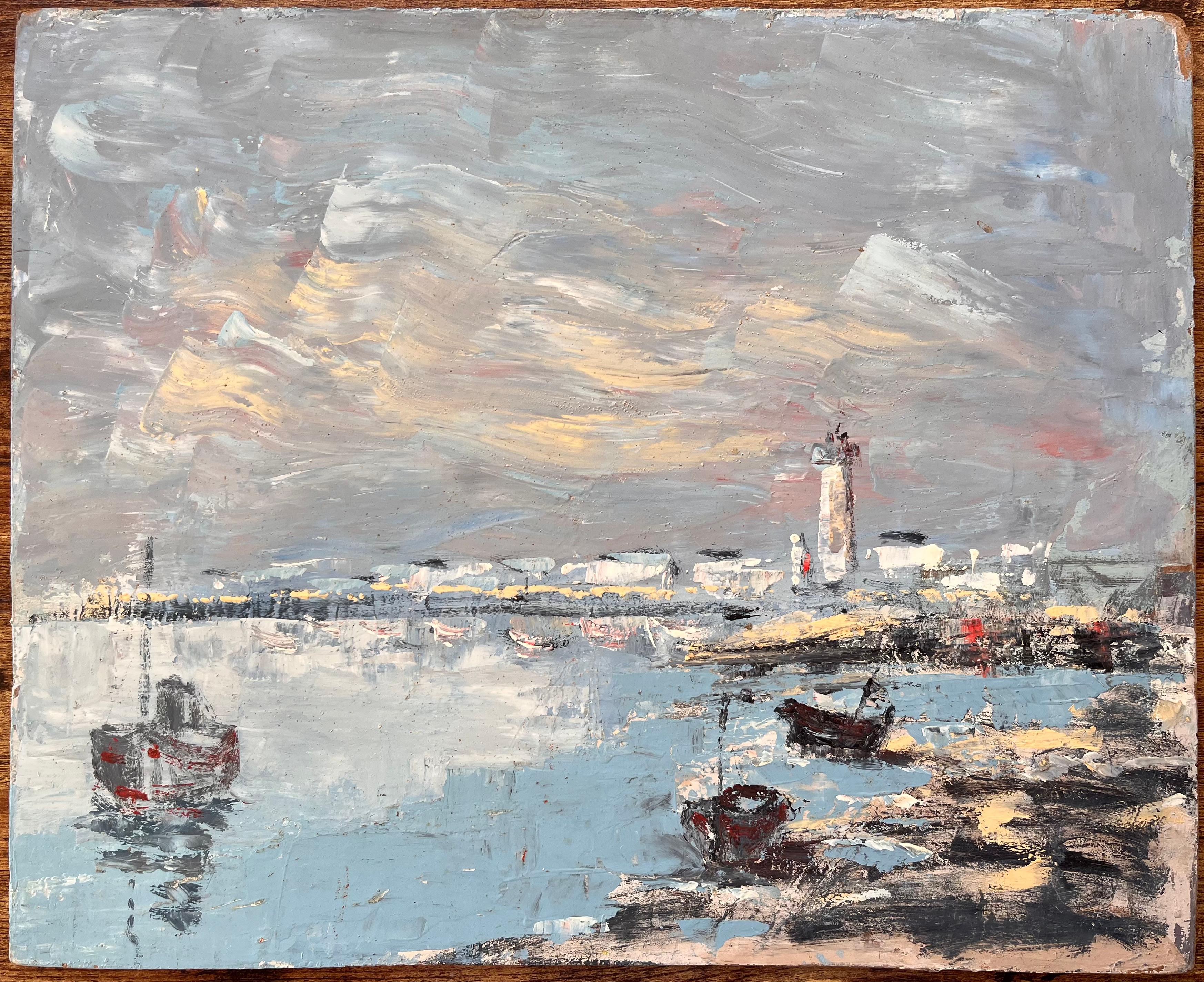Französisches Hafen-Ölgemälde, Ölgemälde von Booten, Leuchtturm und felsige Shoreline in niedrigem Tide – Painting von Fanch Lel