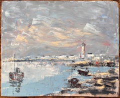 French Harbour Oil Painting of Boats Lighthouse and Rocky Shoreline at Low Tide