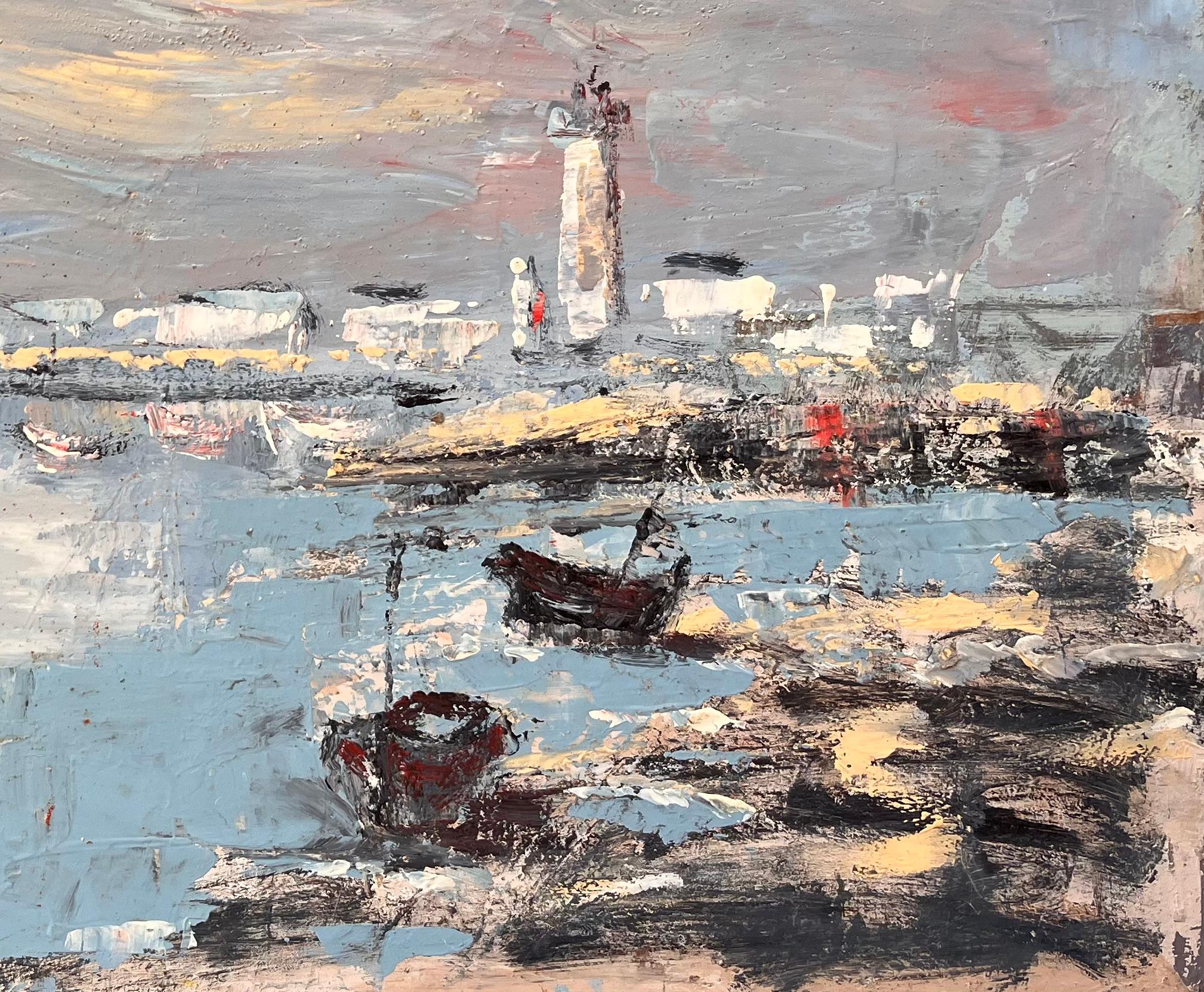 Französisches Hafen-Ölgemälde, Ölgemälde von Booten, Leuchtturm und felsige Shoreline in niedrigem Tide (Impressionismus), Painting, von Fanch Lel