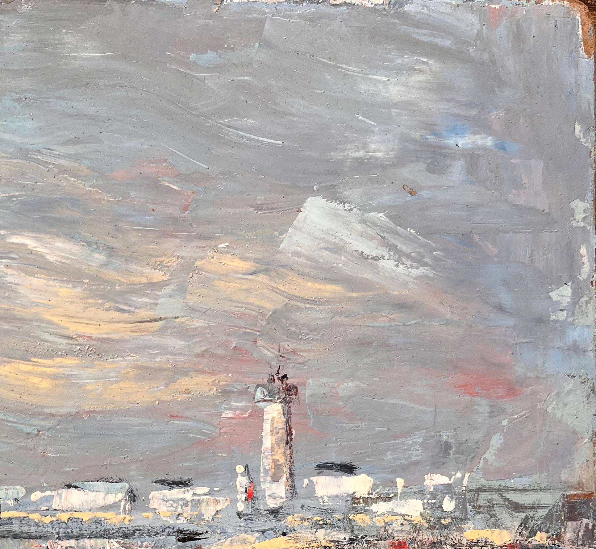 Französisches Hafen-Ölgemälde, Ölgemälde von Booten, Leuchtturm und felsige Shoreline in niedrigem Tide (Grau), Landscape Painting, von Fanch Lel