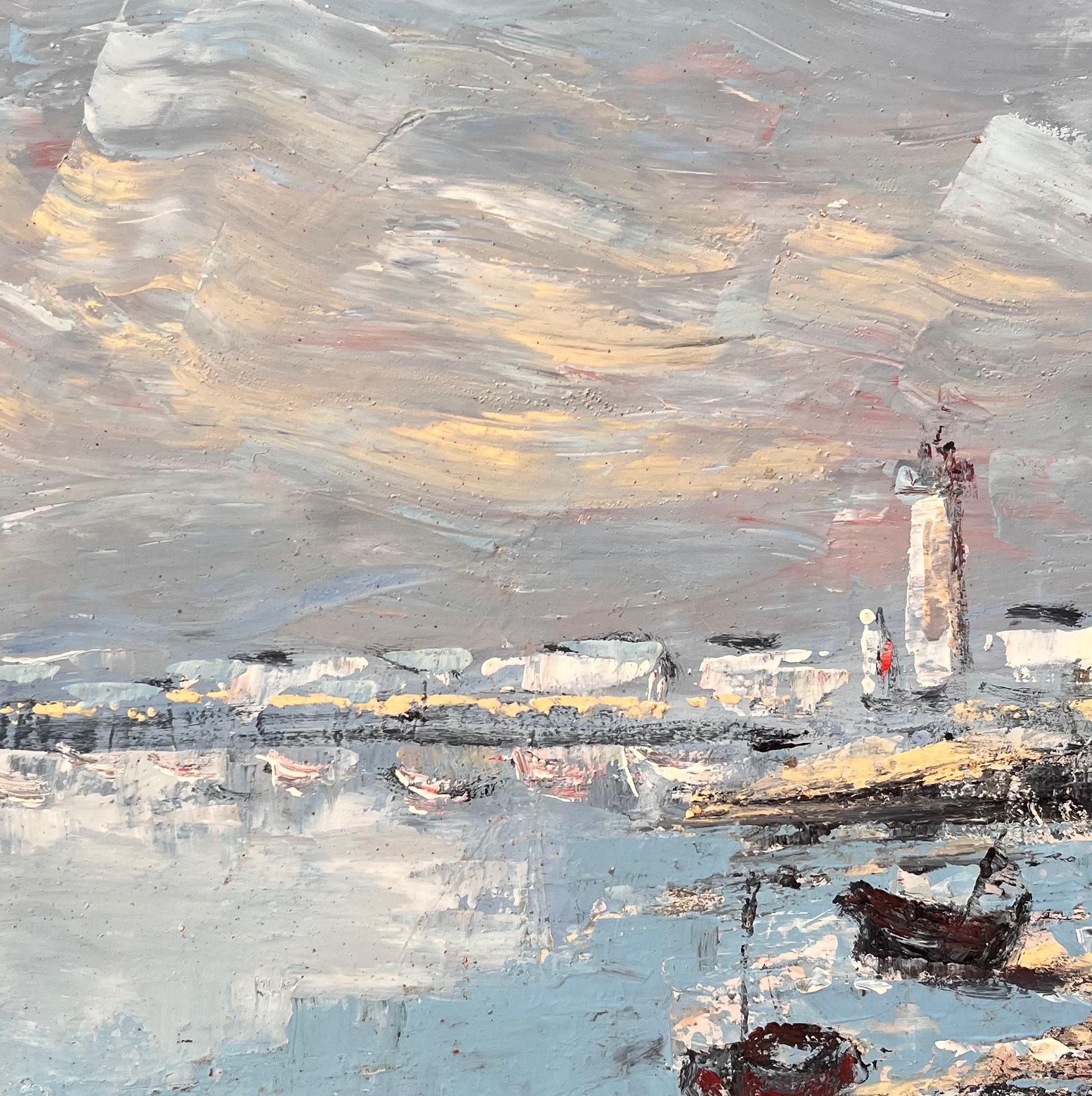 Französisches Hafen-Ölgemälde, Ölgemälde von Booten, Leuchtturm und felsige Shoreline in niedrigem Tide im Angebot 2