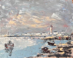 French Harbour Oil Painting of Boats Lighthouse and Rocky Shoreline at Low Tide