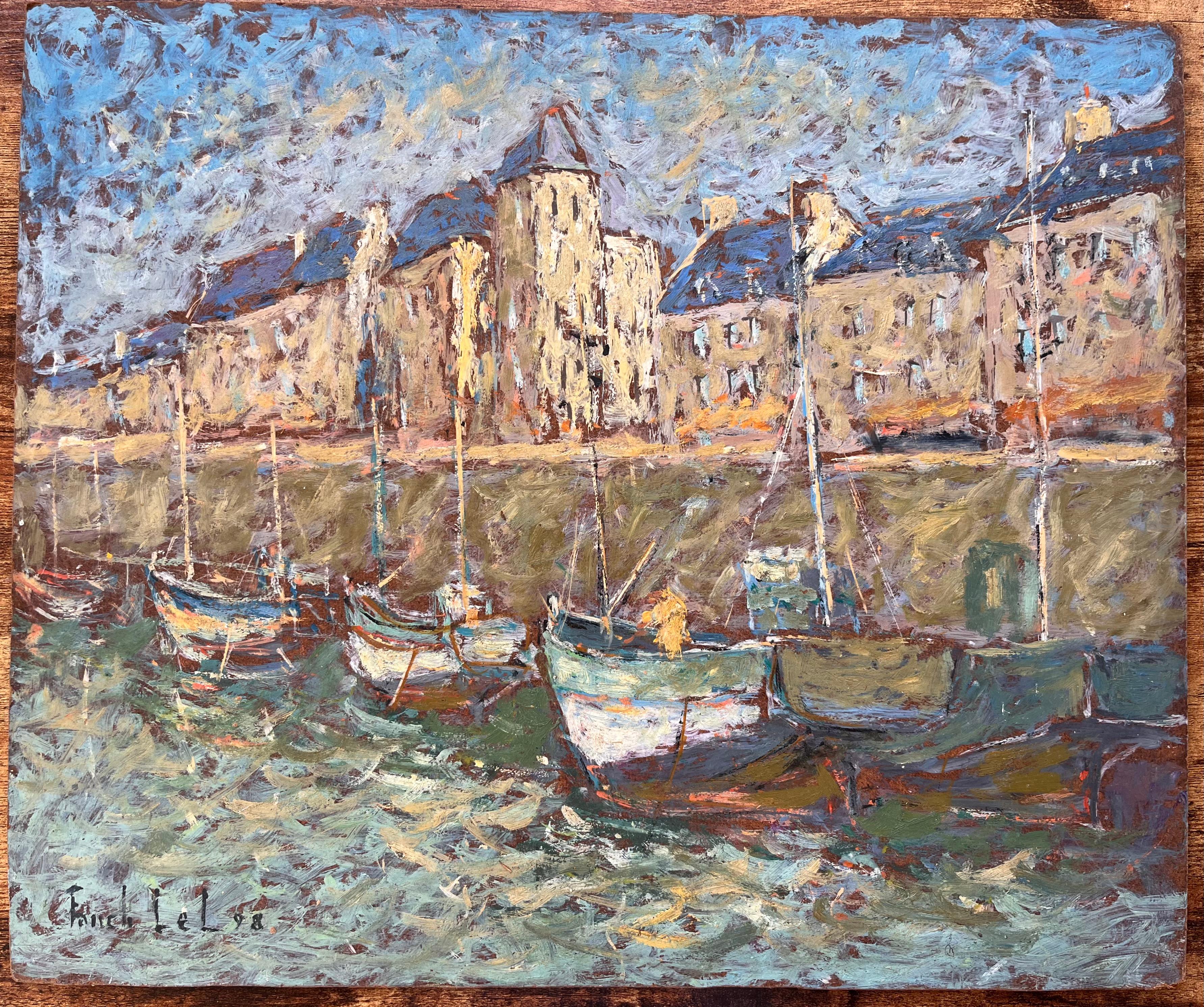 Peinture à l'huile d'une scène portuaire française, bateaux et front de mer à La Croisic - Painting de Fanch Lel