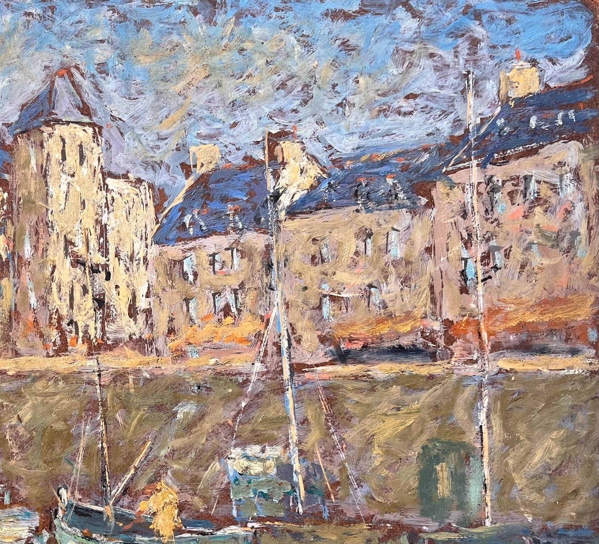 Peinture à l'huile d'une scène portuaire française, bateaux et front de mer à La Croisic - Impressionnisme Painting par Fanch Lel