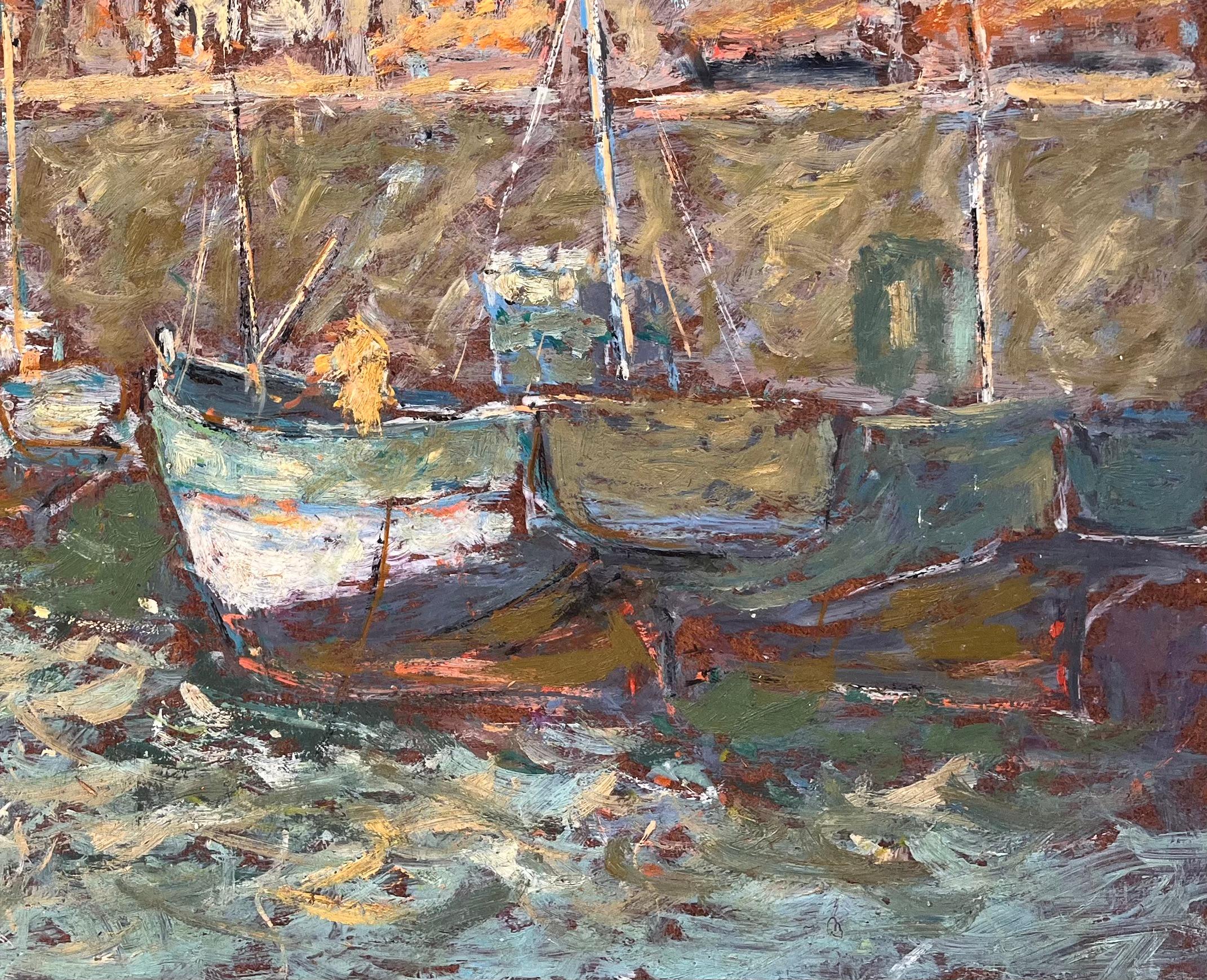 Peinture à l'huile d'une scène portuaire française, bateaux et front de mer à La Croisic - Gris Abstract Painting par Fanch Lel
