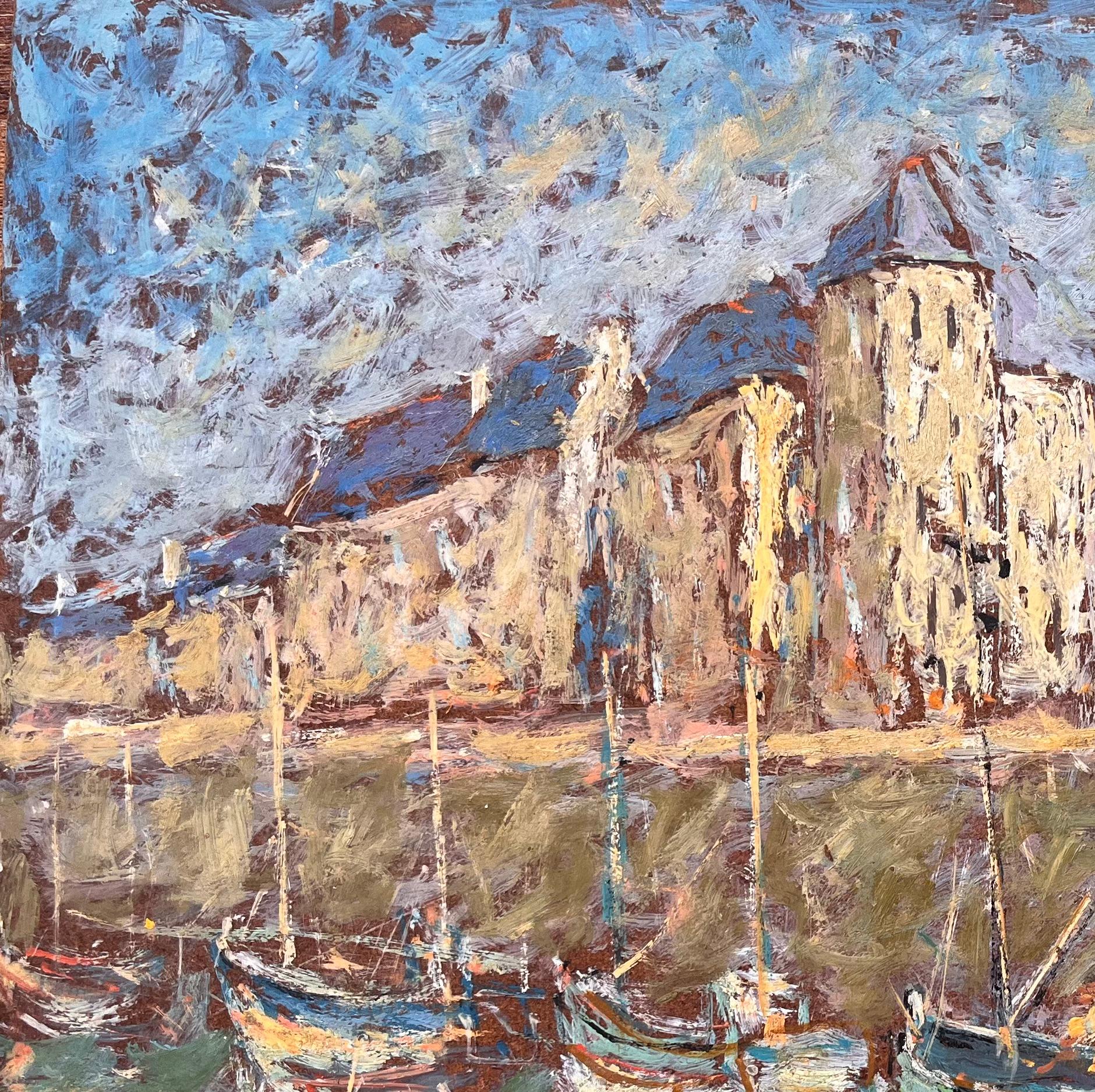 Titre : Peinture à l'huile d'une scène portuaire française avec bateaux et front de mer à La Croisic
Par Fanch Lel
Signé : Oui
Taille : 15.25 x 18 pouces (hauteur x largeur)
Peinture à l'huile sur carton, non encadrée
Condit : La peinture est en bon