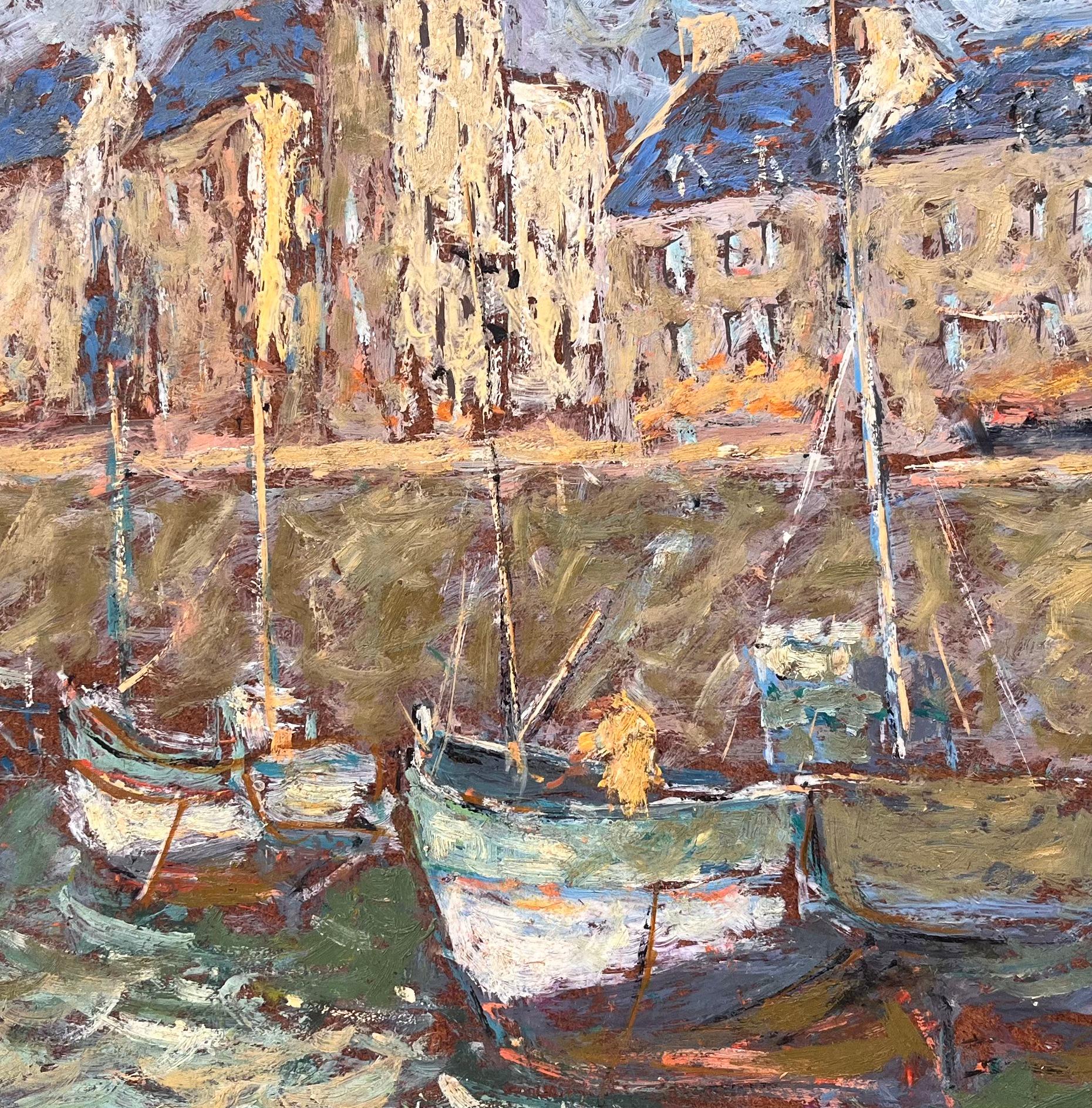 Peinture à l'huile d'une scène portuaire française, bateaux et front de mer à La Croisic en vente 2