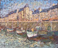 French Harbour Scene Oil Painting of Boats and Waterfront at La Croisic