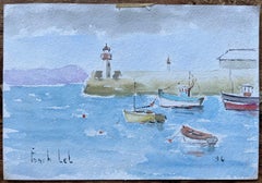 Escena portuaria francesa con barcos y faro al gouache