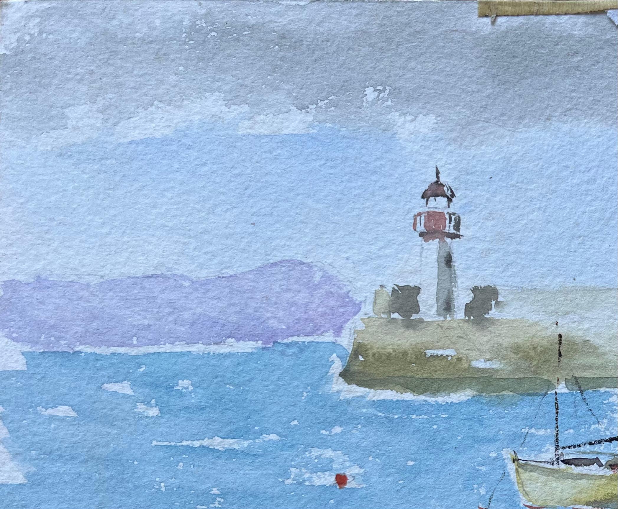 Scena di porto francese con barche e faro in gouache - Painting Impressionismo di Fanch Lel