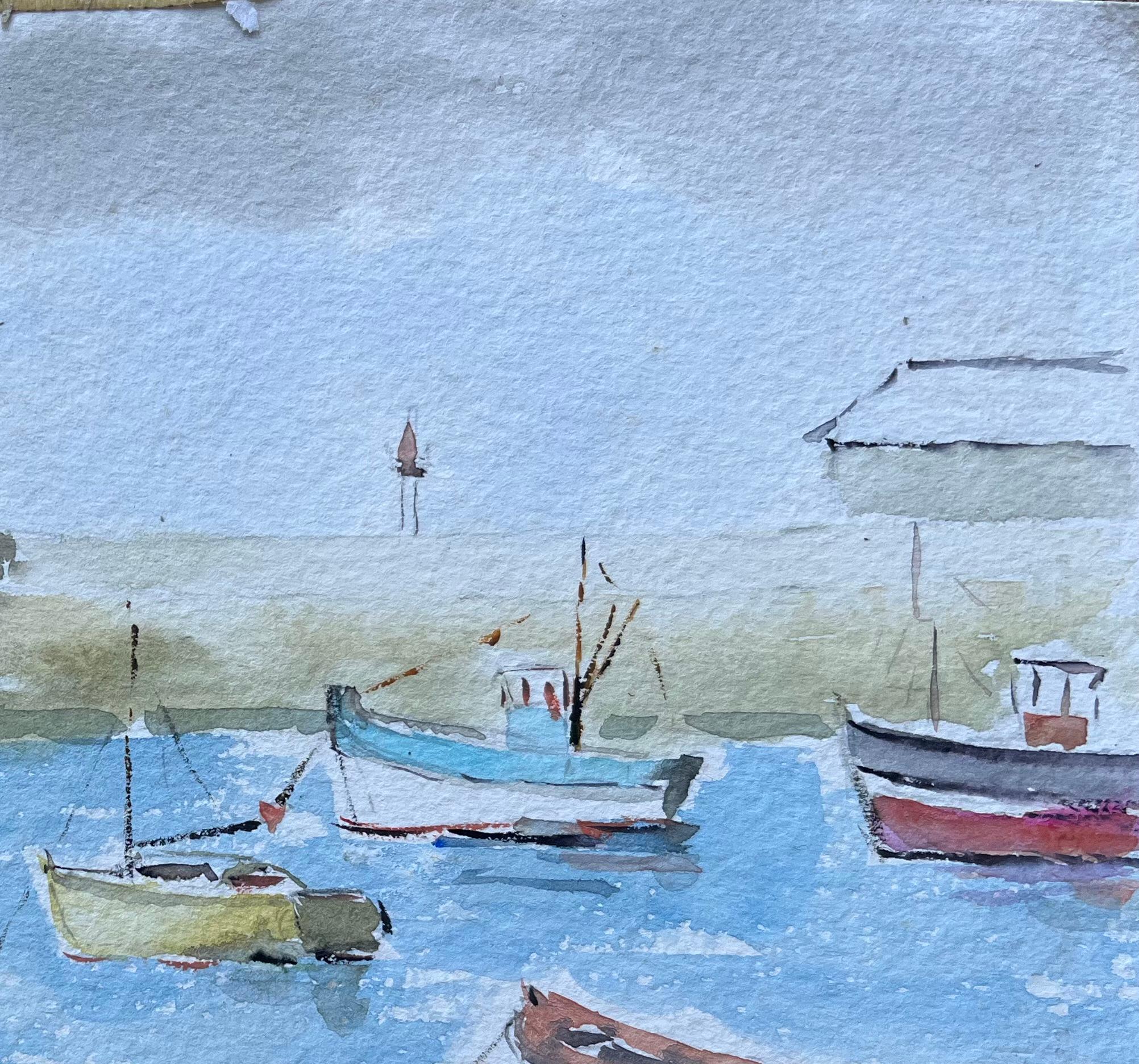 Scena di porto francese con barche e faro in gouache - Landscape Painting Blu di Fanch Lel