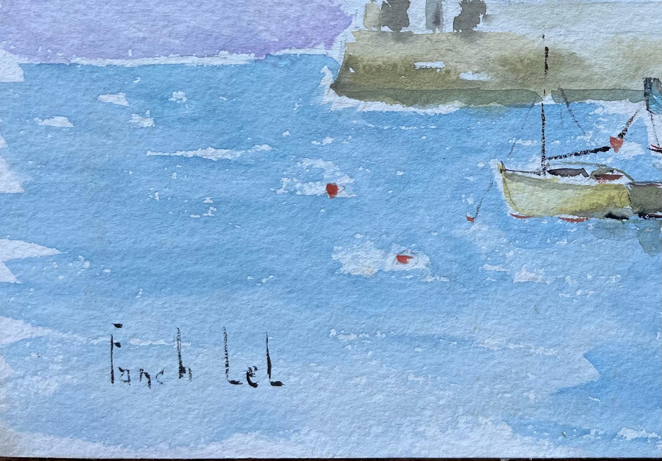 Scena di porto francese con barche e faro in gouache in vendita 1