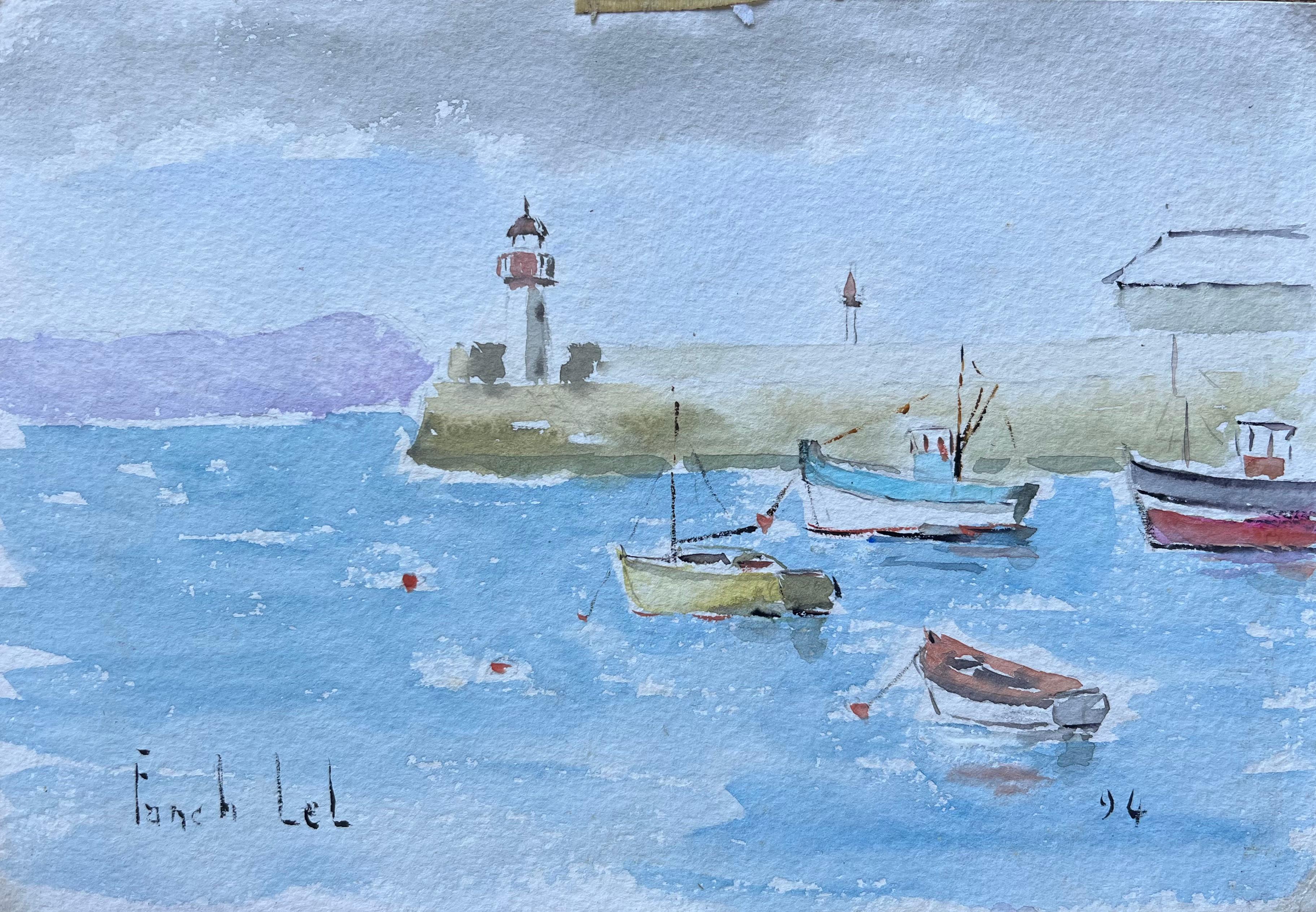 Landscape Painting di Fanch Lel - Scena di porto francese con barche e faro in gouache