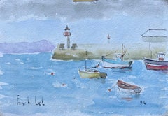 French Harbour Scene with Boats and Lighthouse in Gouache
