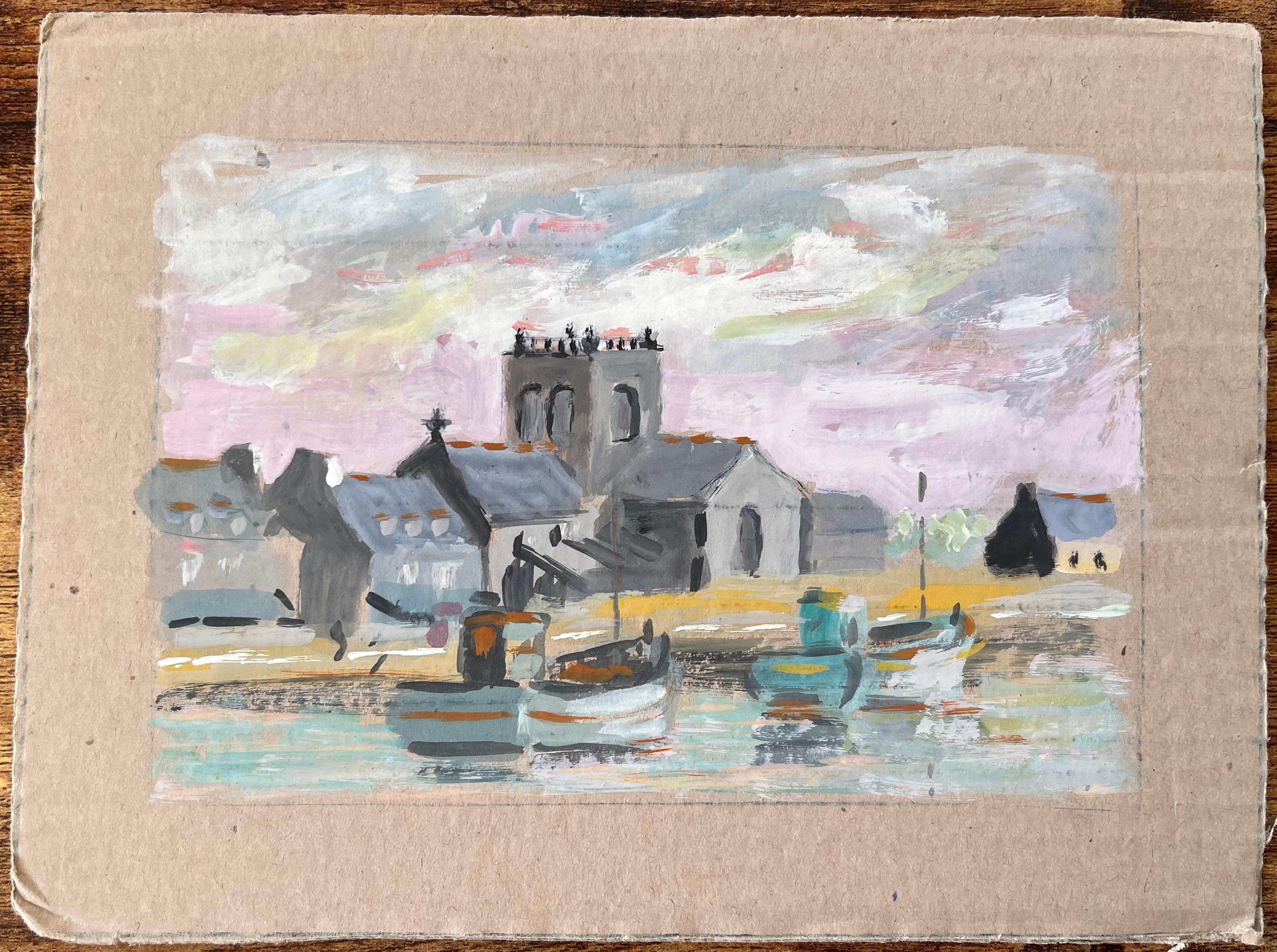 Scène de port française avec bateaux d'église et ligne d'horizon du village à la gouache - Painting de Fanch Lel