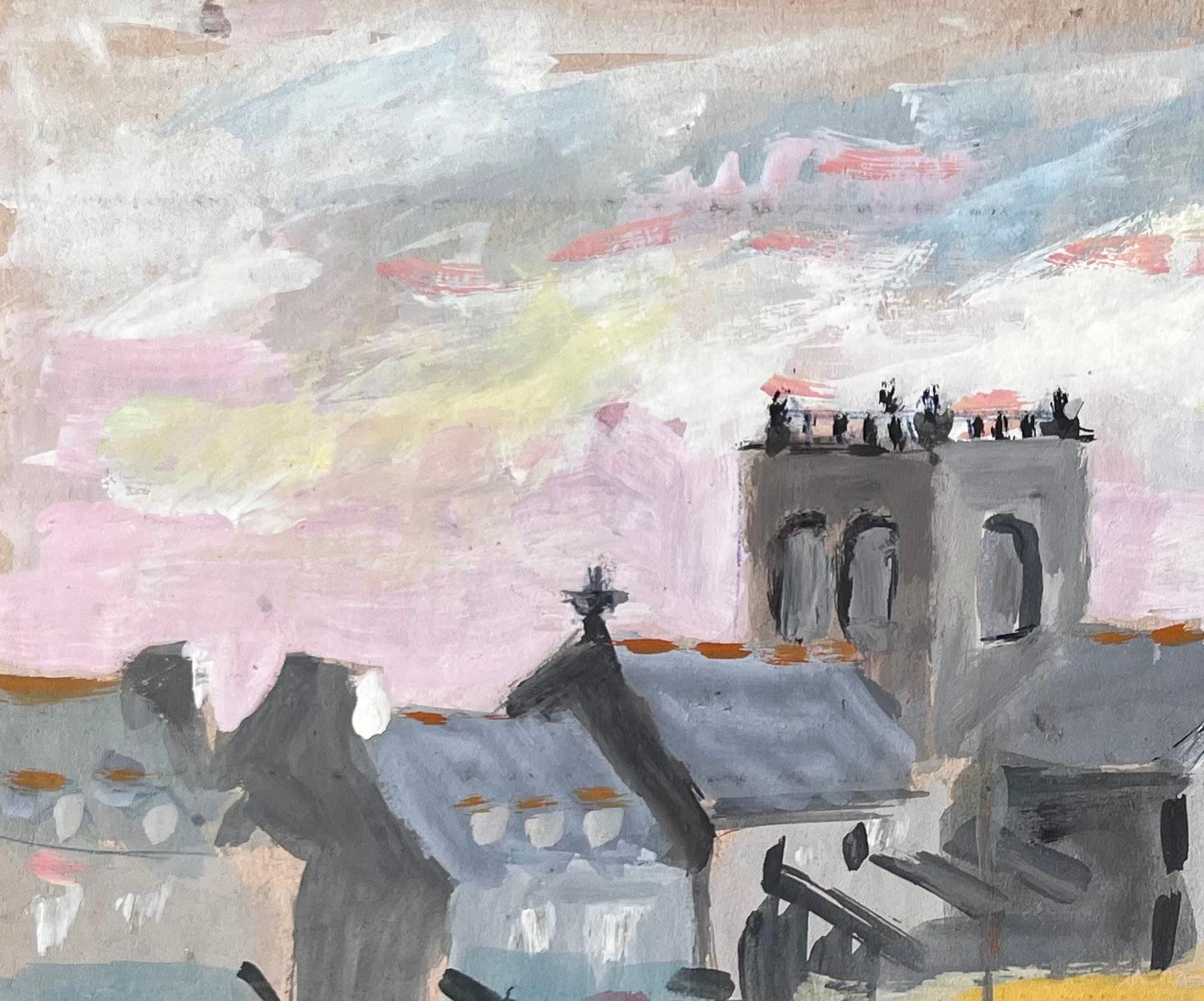 Scène de port française avec bateaux d'église et ligne d'horizon du village à la gouache - Impressionnisme Painting par Fanch Lel