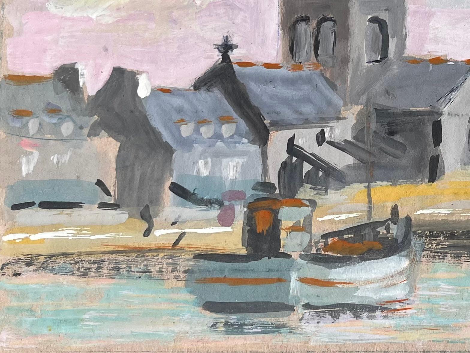 Scène de port française avec bateaux d'église et ligne d'horizon du village à la gouache - Gris Abstract Painting par Fanch Lel