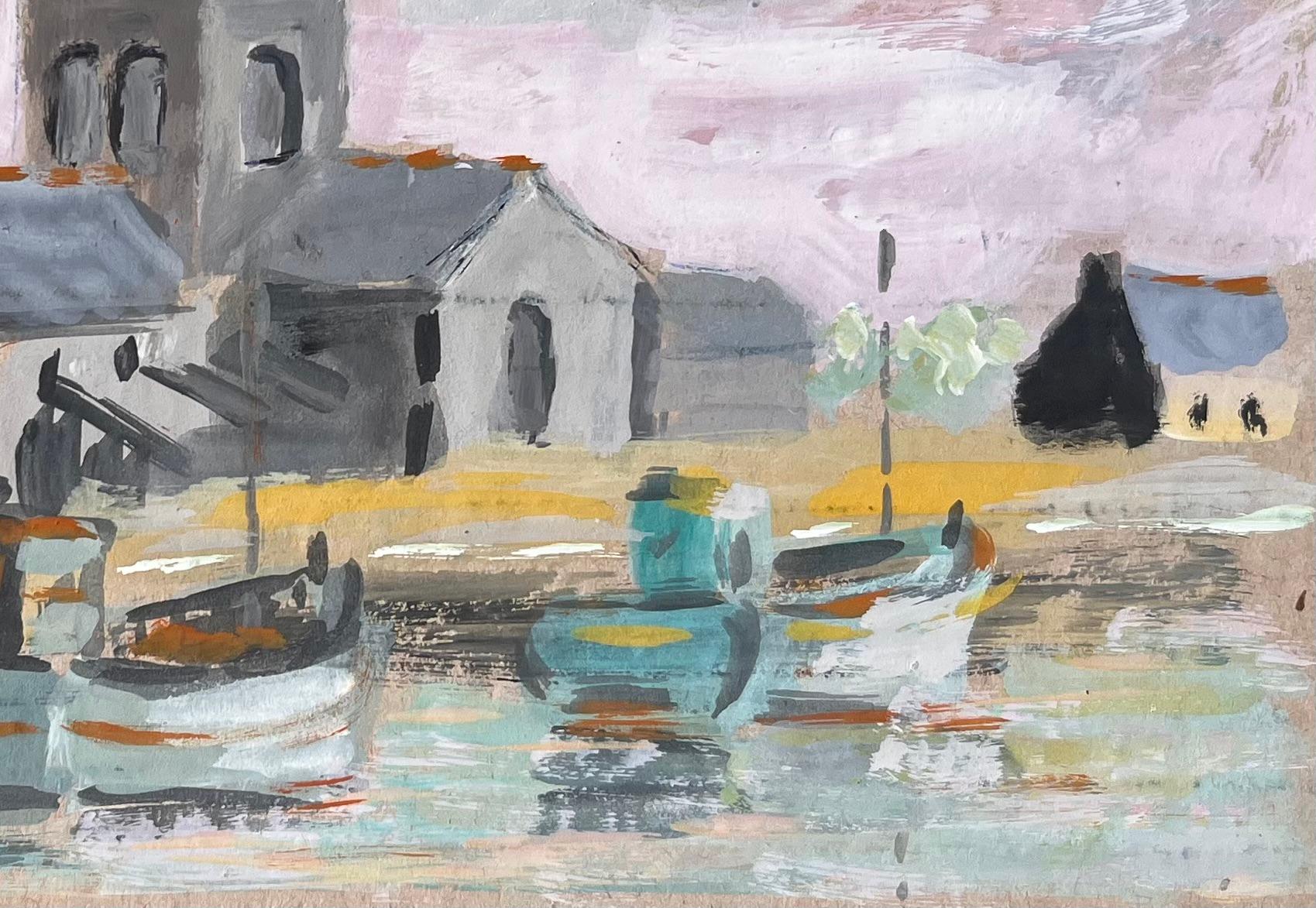 Titre : Scène de port français avec bateaux d'église et horizon du village à la gouache
Par Fanch Lel
Taille : 7.25 x 9.75 pouces (hauteur x largeur)
Peinture gouache sur carton, non encadrée
Condit : Bon état général avec de légères marques de
