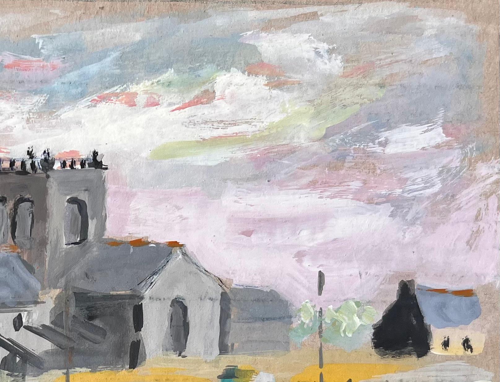 Scène de port française avec bateaux d'église et ligne d'horizon du village à la gouache en vente 1
