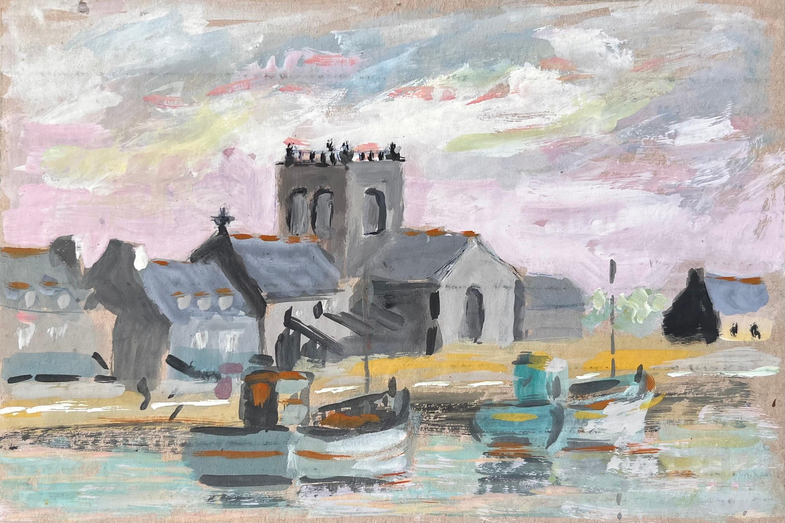 Französische Hafenszene mit Kirchenbooten und Dorf skyline in Gouache