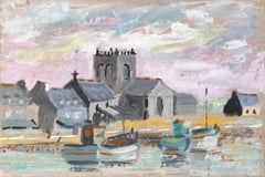 Scena di porto francese con barche della chiesa e skyline del villaggio in guazzo