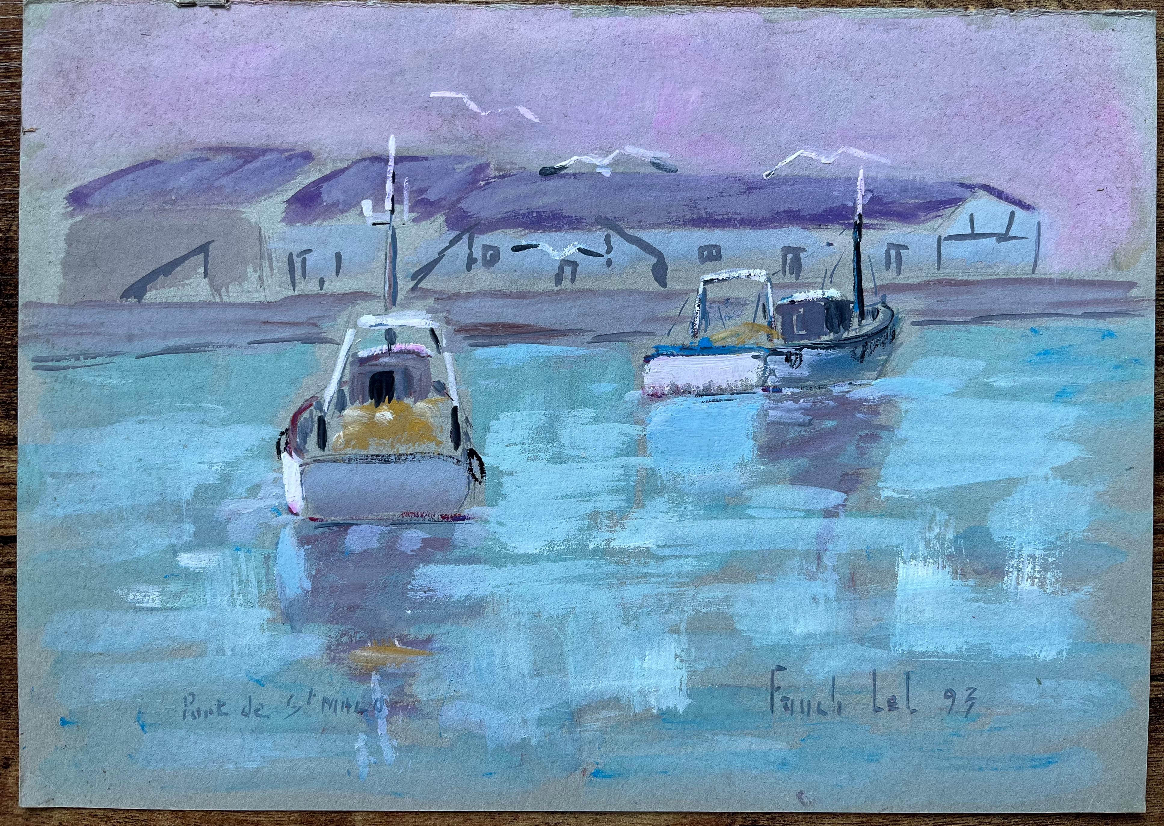 Scena di porto francese con barche da pesca a Port de Saint-Malo - Painting di Fanch Lel