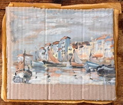 Scène portuaire française avec voiliers et maisons en bord de mer dans le Croisic