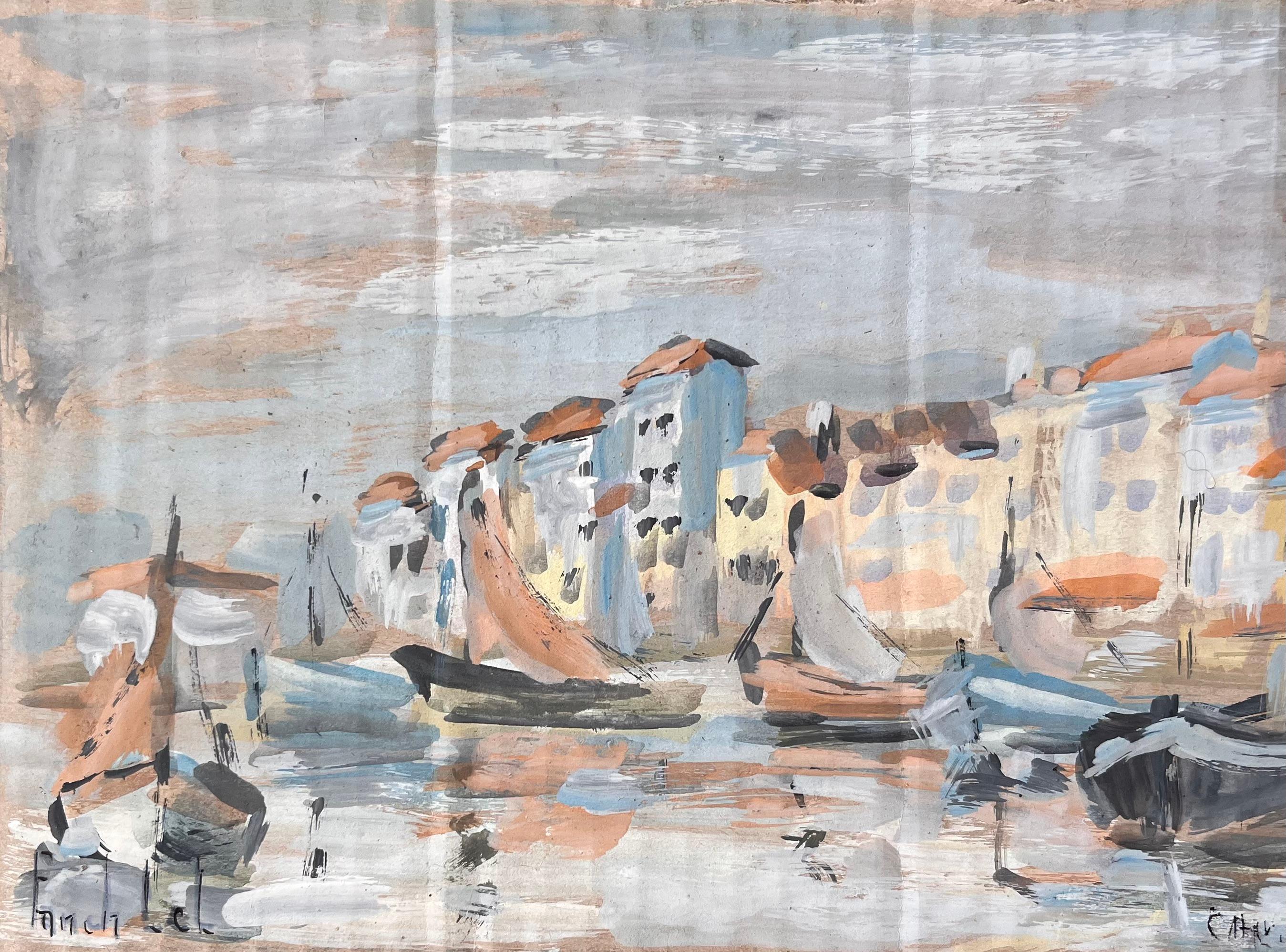 Fanch Lel Landscape Painting - French Harbour Scene with Sailing Boats and Seafront Houses in Le Croisic