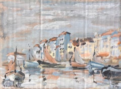Scène portuaire française avec voiliers et maisons en bord de mer dans le Croisic