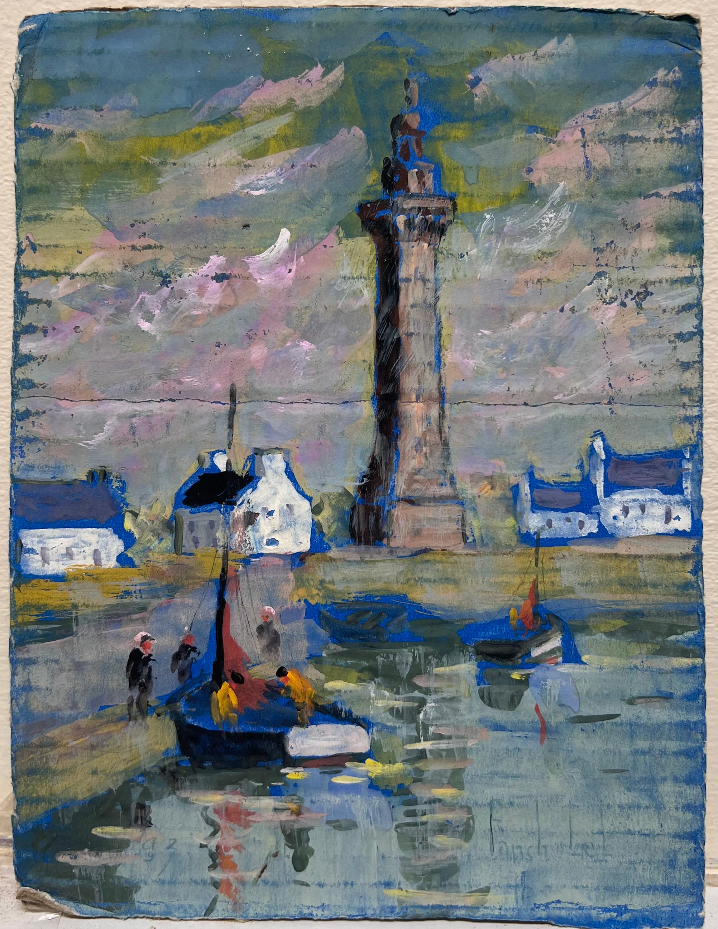 Escena del Puerto Francés con el Faro y Reflejos al Atardecer - Painting de Fanch Lel