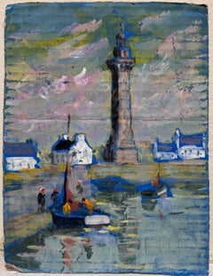 Scène de port français avec phare tournant et reflets au crépuscule