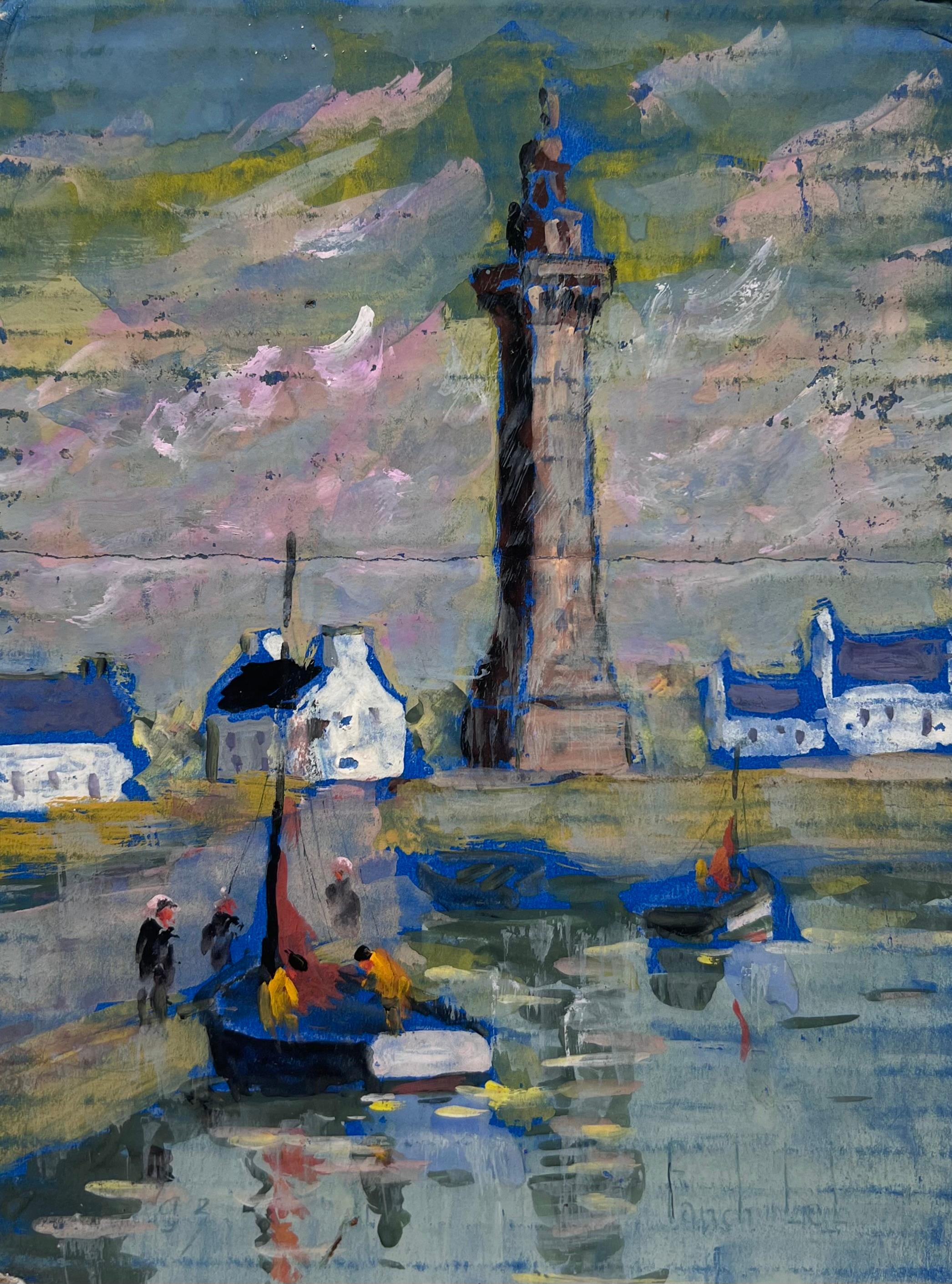 Escena del Puerto Francés con el Faro y Reflejos al Atardecer - Painting Impresionista de Fanch Lel