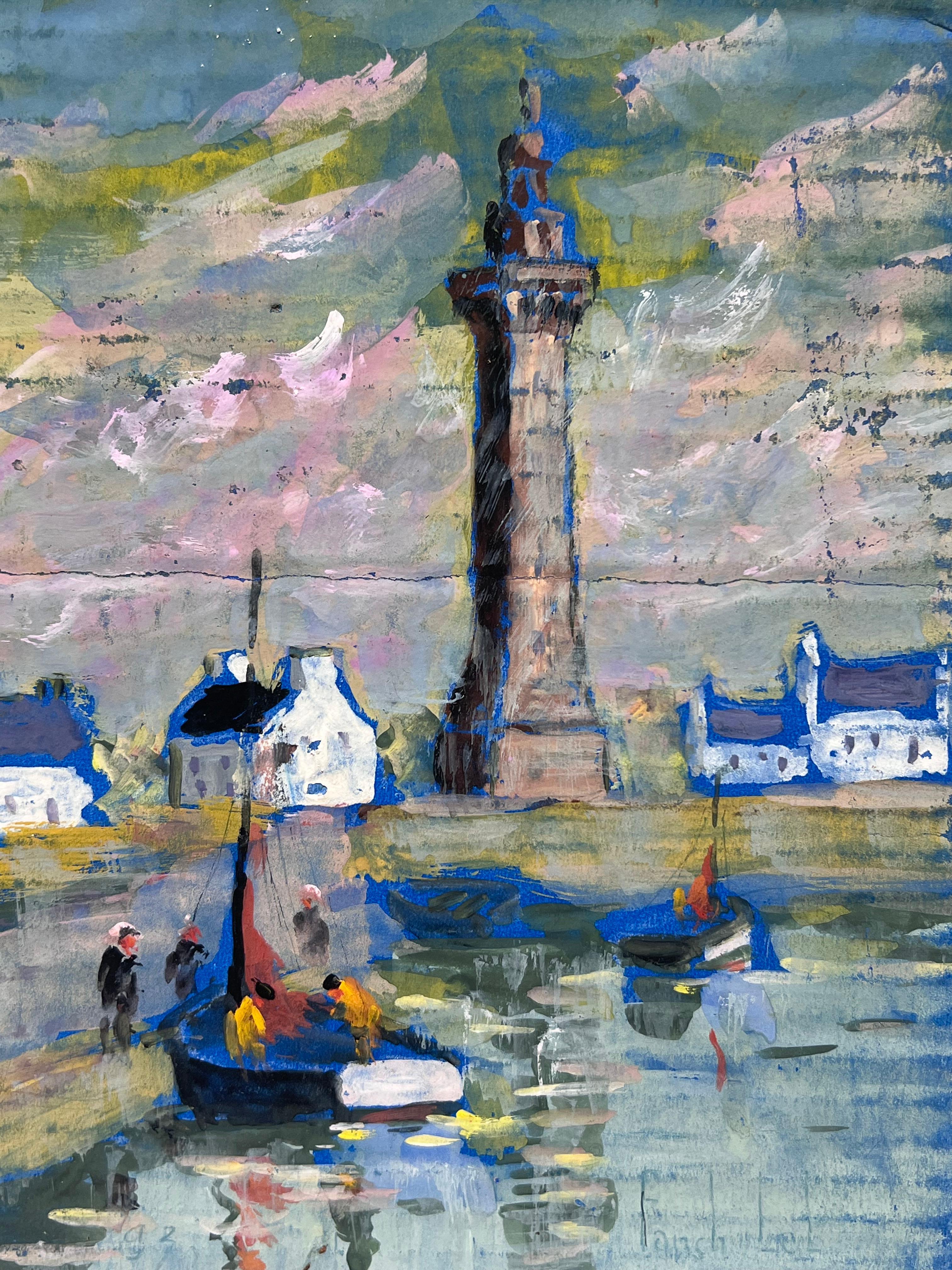 Escena del Puerto Francés con el Faro y Reflejos al Atardecer en venta 1