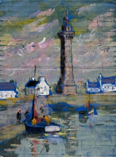 Scena del porto francese con il faro e i riflessi al crepuscolo