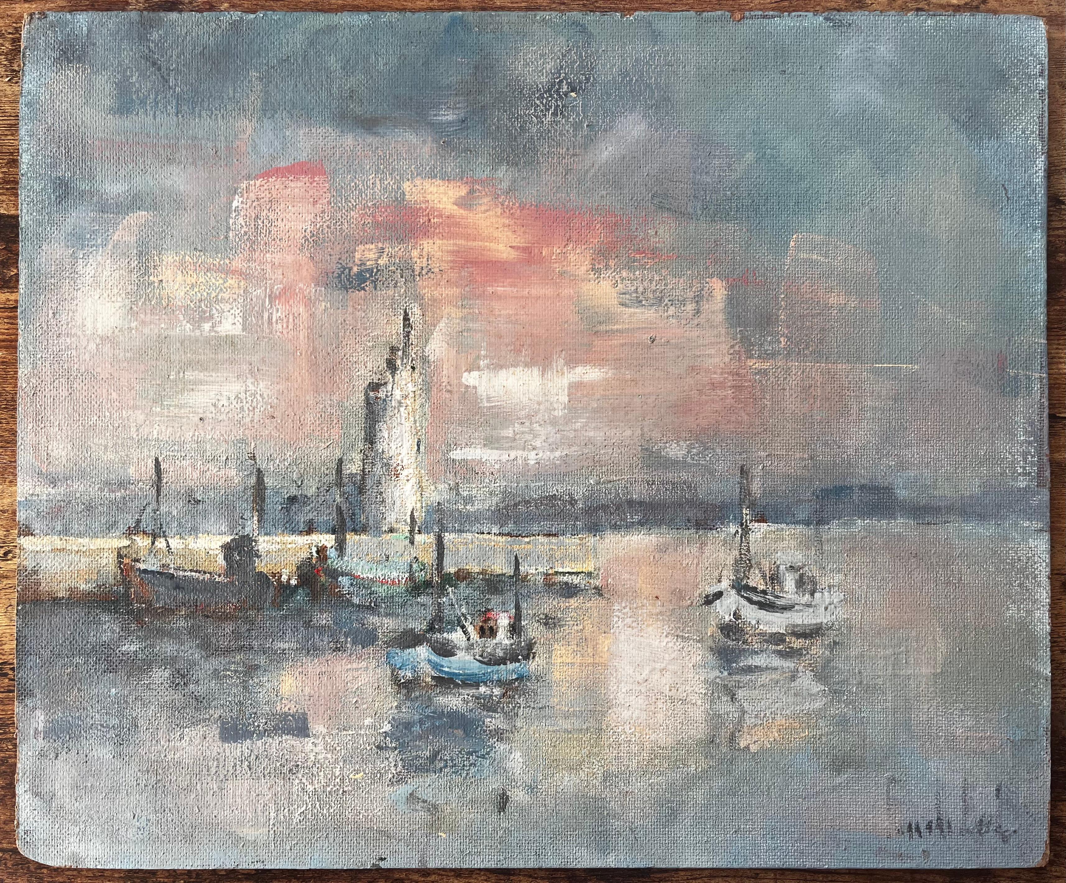 French Harbour Sunset Boats Piriac Oil Painting by Fanch Lel Coastal Seascape For Sale 1