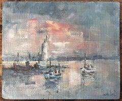 French Harbour Sunset Boats Piriac Oil Painting by Fanch Lel Coastal Seascape