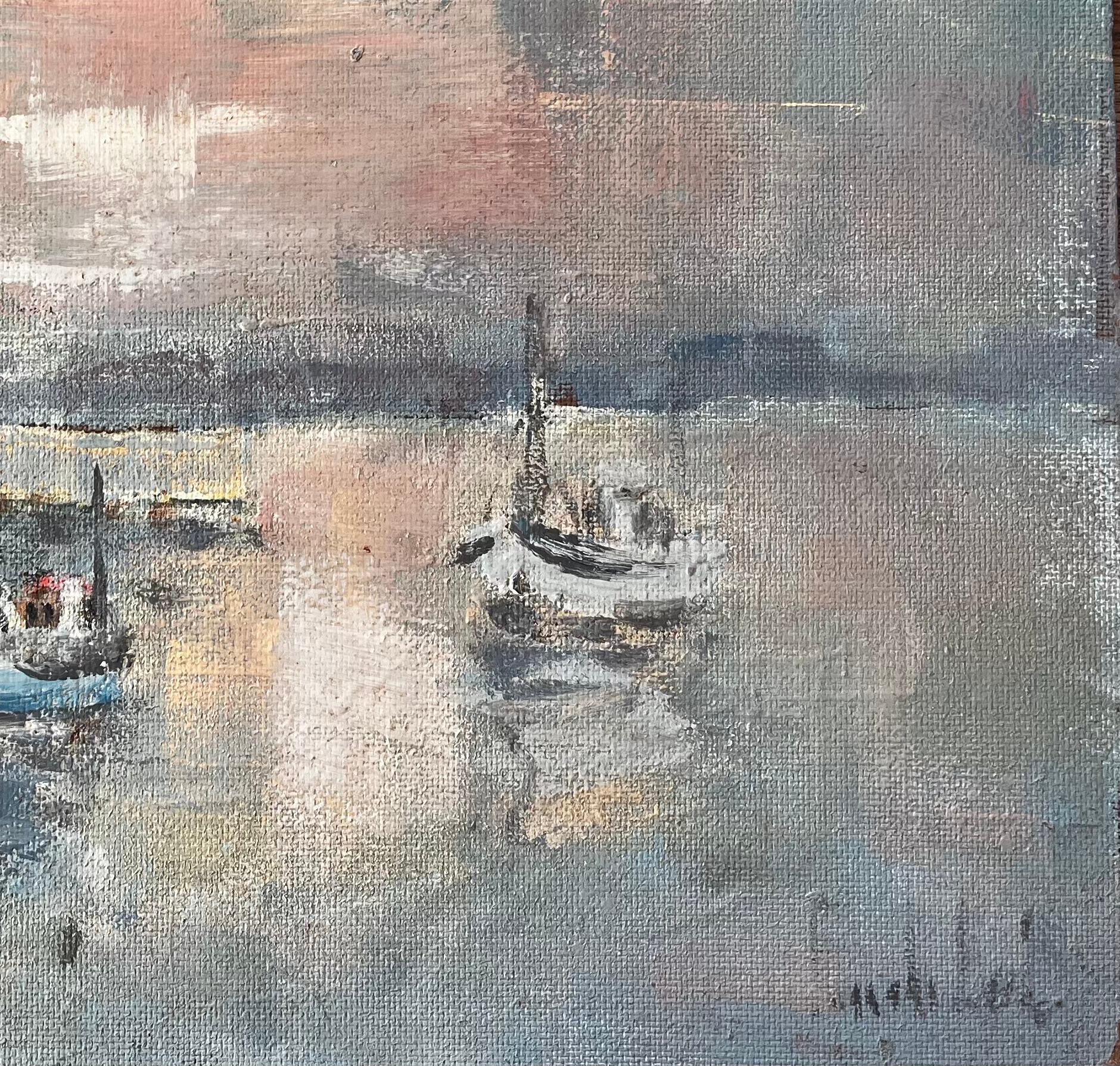French Harbour Sunset Boats Piriac Oil Painting by Fanch Lel Coastal Seascape For Sale 3