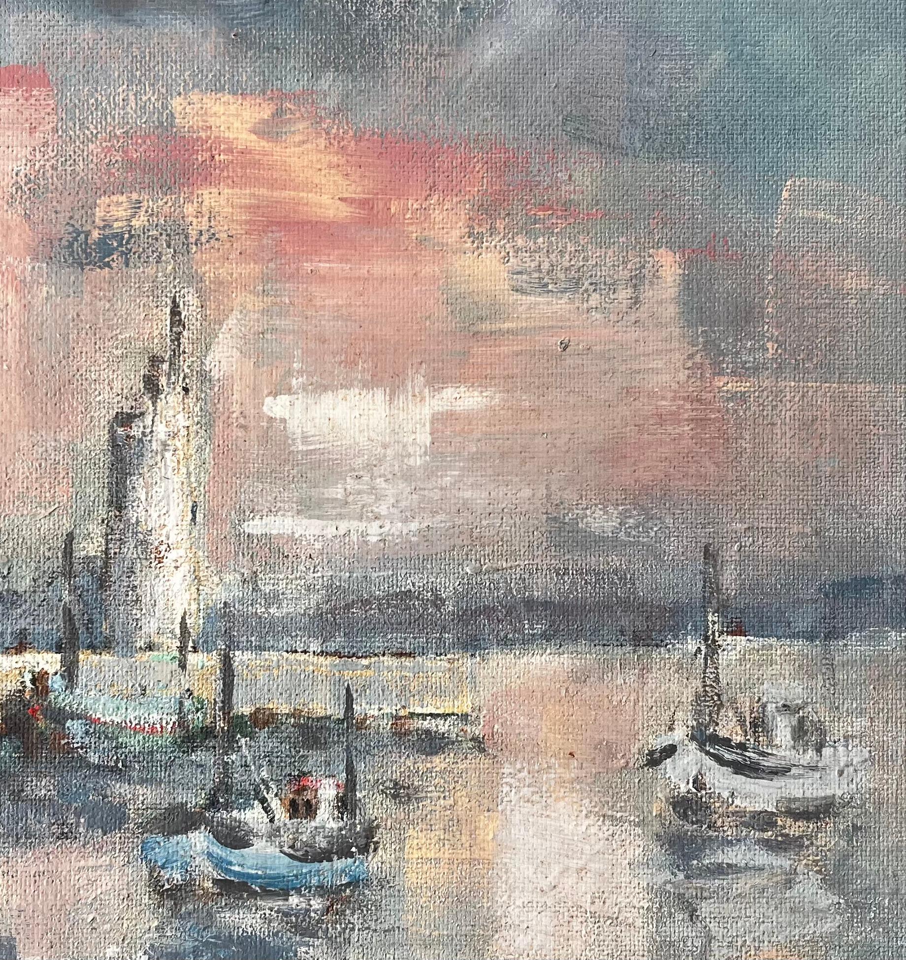 French Harbour Sunset Boats Piriac Oil Painting by Fanch Lel Coastal Seascape For Sale 6