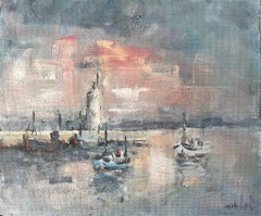 French Harbour Sunset Boats Piriac Oil Painting by Fanch Lel Coastal Seascape