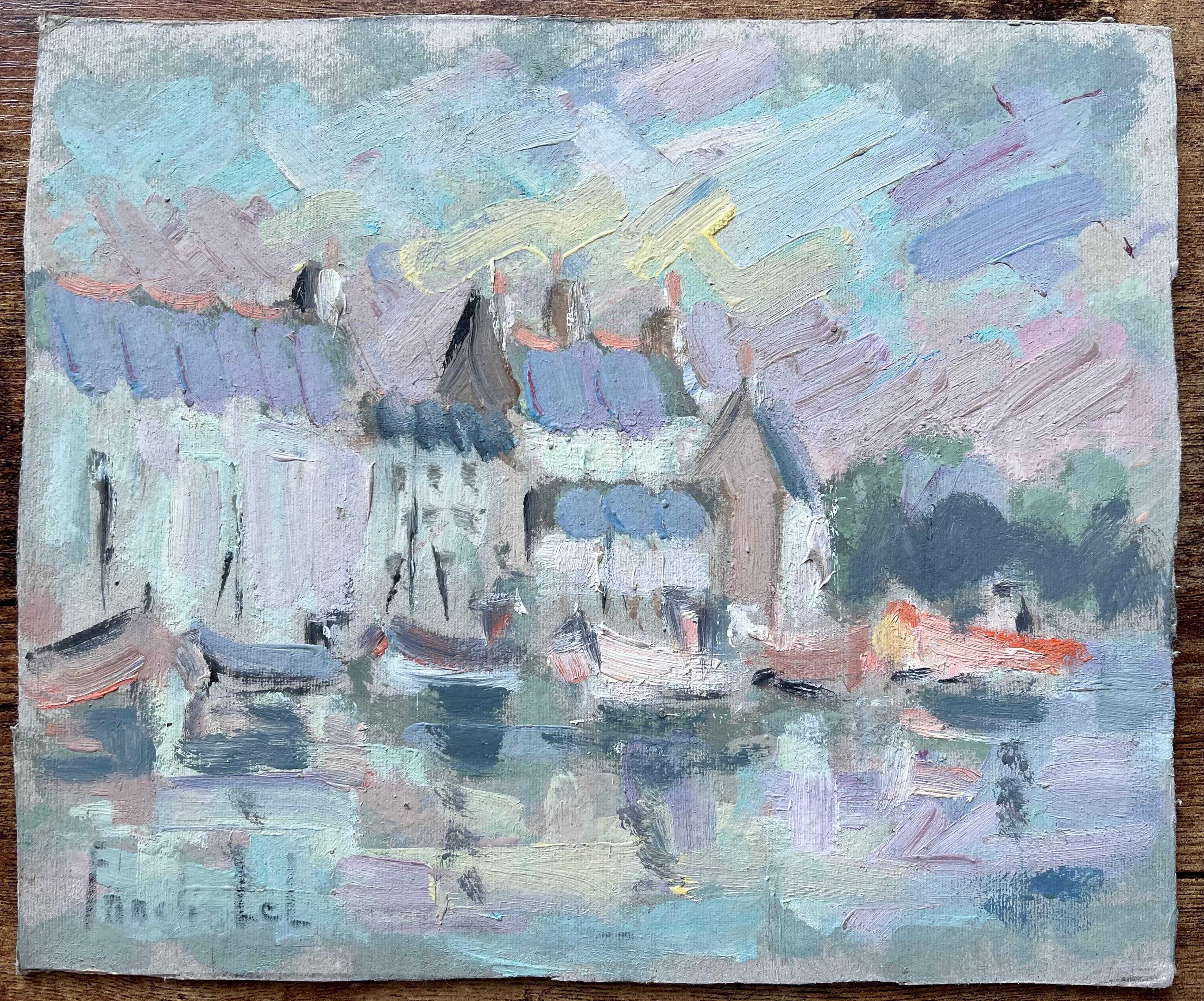 Französische Hafenfront mit Booten und Café-Markisen im impressionistischen Stil – Painting von Fanch Lel