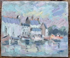 French Harbourfront with Boats and Café Awnings in Impressionist Style