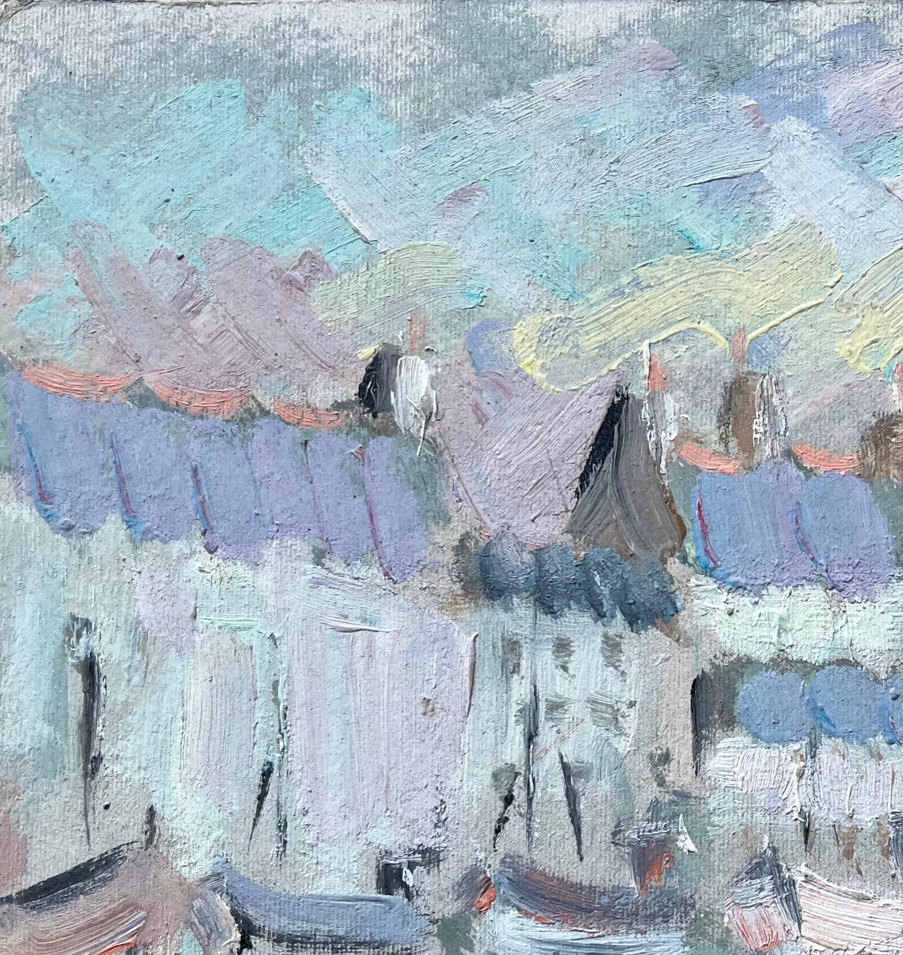 Französische Hafenfront mit Booten und Café-Markisen im impressionistischen Stil (Impressionismus), Painting, von Fanch Lel