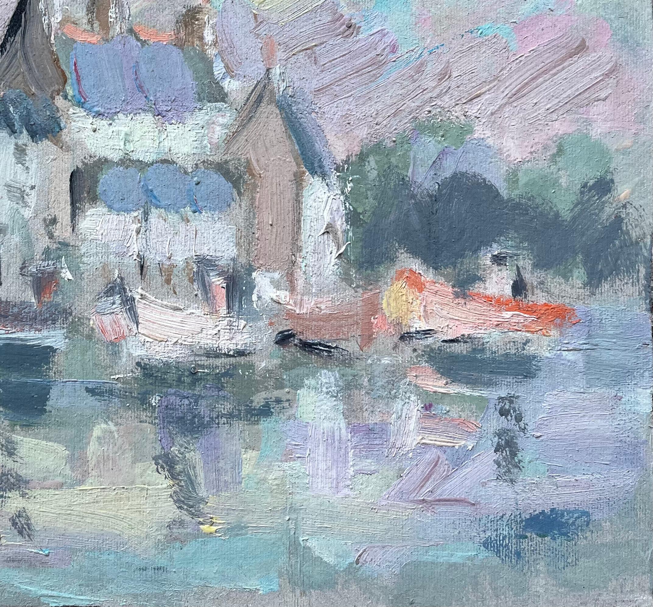 Titel: Französische Hafenfront mit Booten und Café-Markisen im impressionistischen Stil
von Fanch Lel (Franzose, geb. 1930)
Unterschrieben: Ja
Größe: 8,75 Zoll (Höhe) x 10,75 Zoll (Breite)
Ölgemälde auf Karton, ungerahmt
Zustand: Das Gemälde ist in